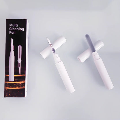 White dual-end earphone cleaning pen, 13 cm long with bristle brush and metal tip for dust and wax removal