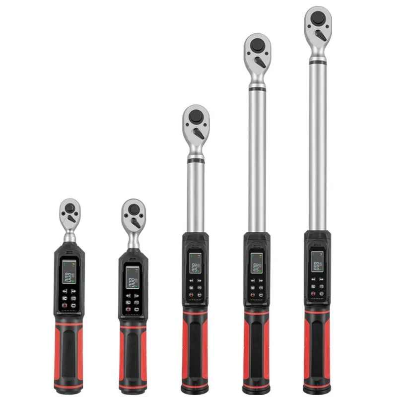 Electronic digital display torque wrench showing Nm readout on LCD screen, with chrome-vanadium steel shaft and handle.