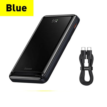Slim 3-in-1 magnetic power bank in blue, white, or pink with wireless charging capability