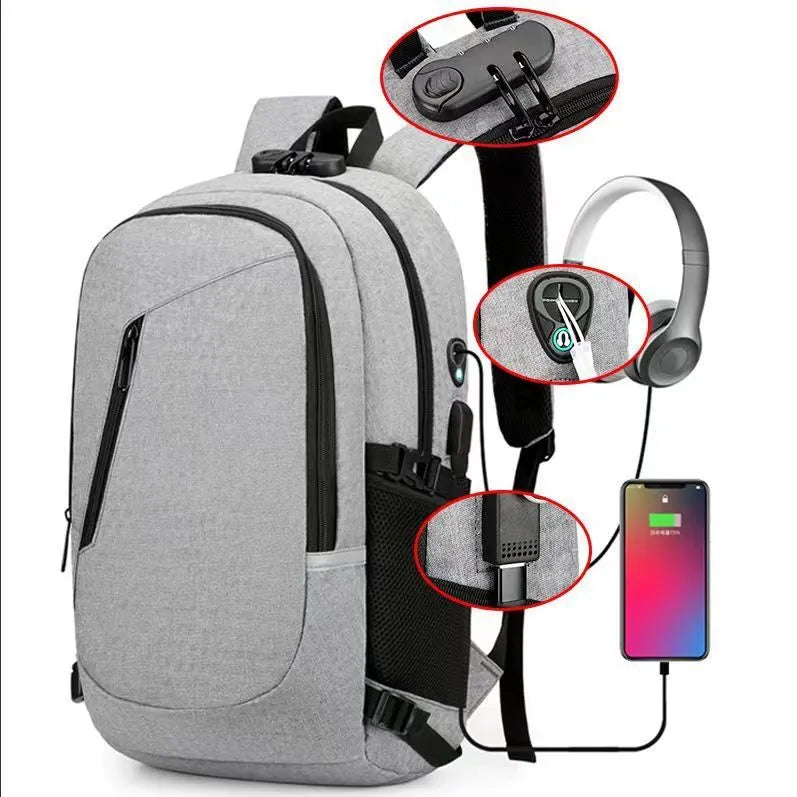 Computer backpack in blue colour showing Oxford cloth construction and 20-35L capacity dimensions