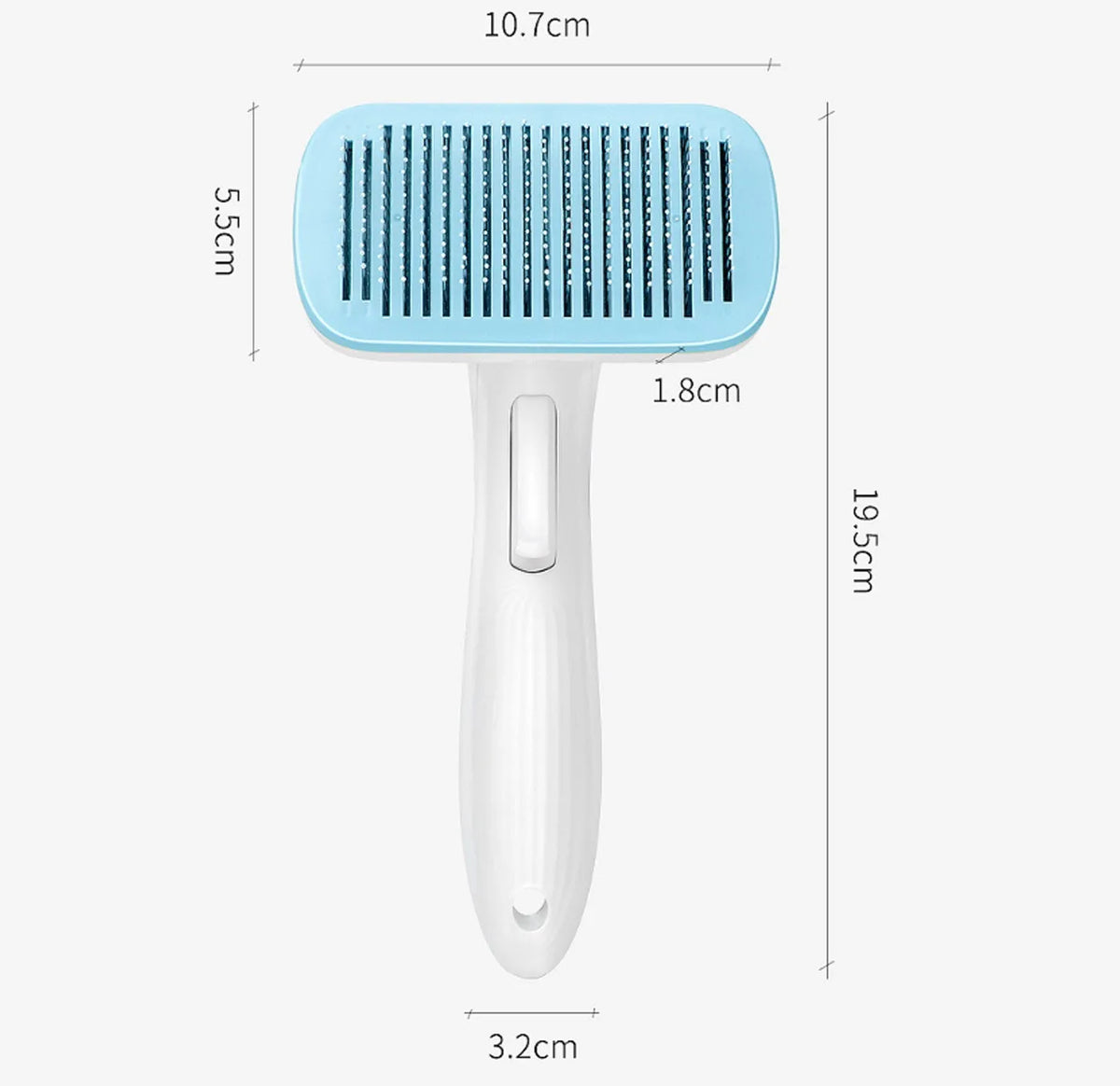 Blue automatic pet comb with one-click button for removing dog and cat hair on a table.