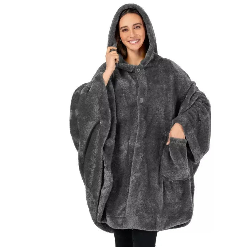 Thickened hooded cloak bathrobe in polyester, shown in black, dark grey, and pink colour options.