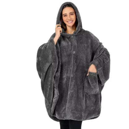Thickened hooded cloak bathrobe in polyester, shown in black, dark grey, and pink colour options.