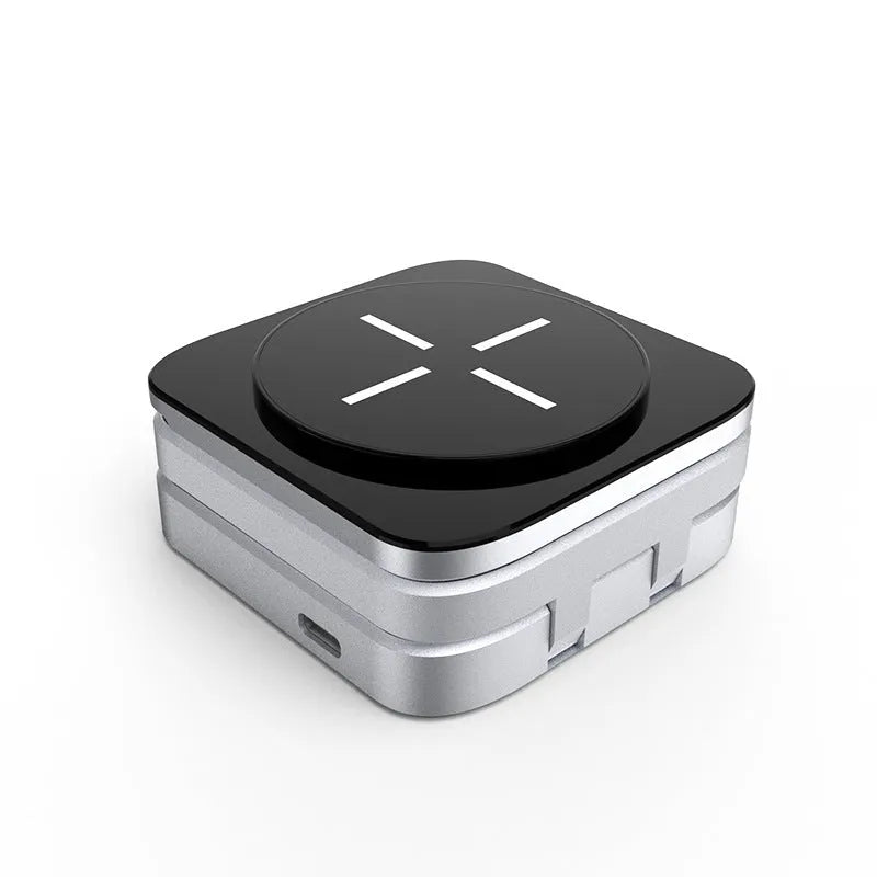 Silver foldable 3-in-1 wireless charging station for iPhone, Apple Watch and AirPods