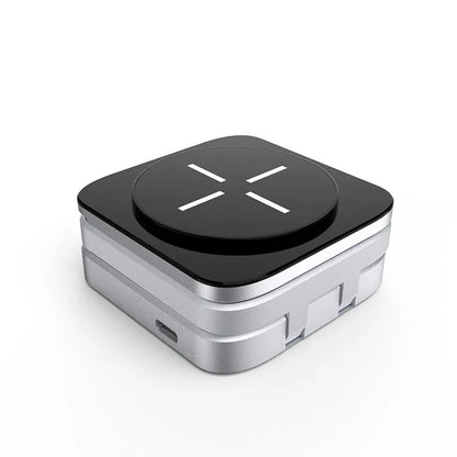 Silver foldable 3-in-1 wireless charging station for iPhone, Apple Watch and AirPods