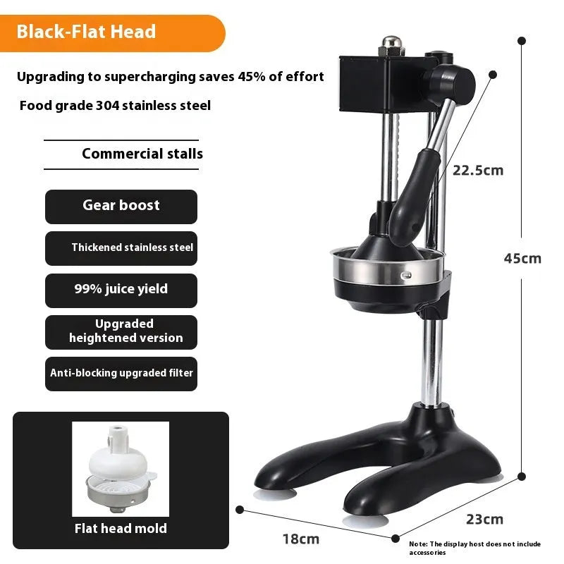 Vertical stainless steel manual juicer with zinc alloy handle in multiple colour and tip style combinations