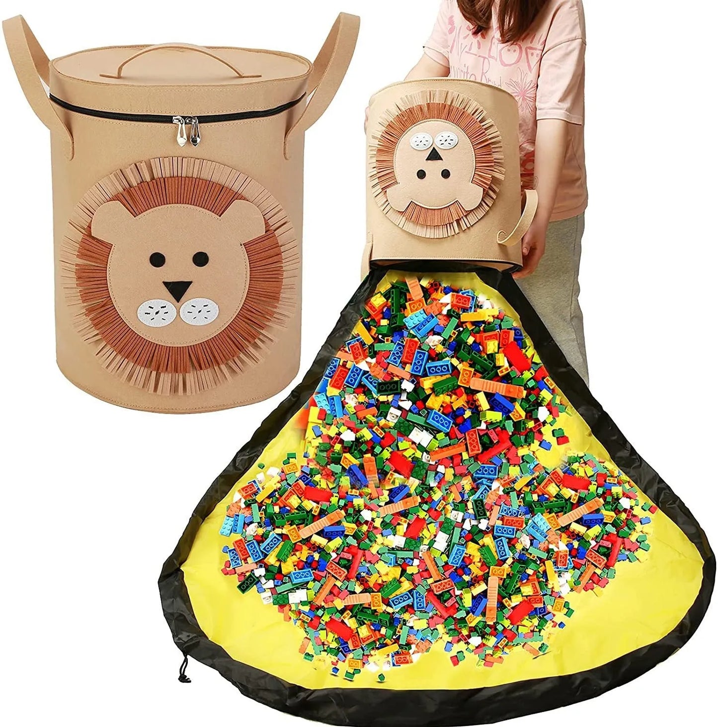 Green felt storage cube with pull rope unfolded flat to show 35cm square waterproof play mat