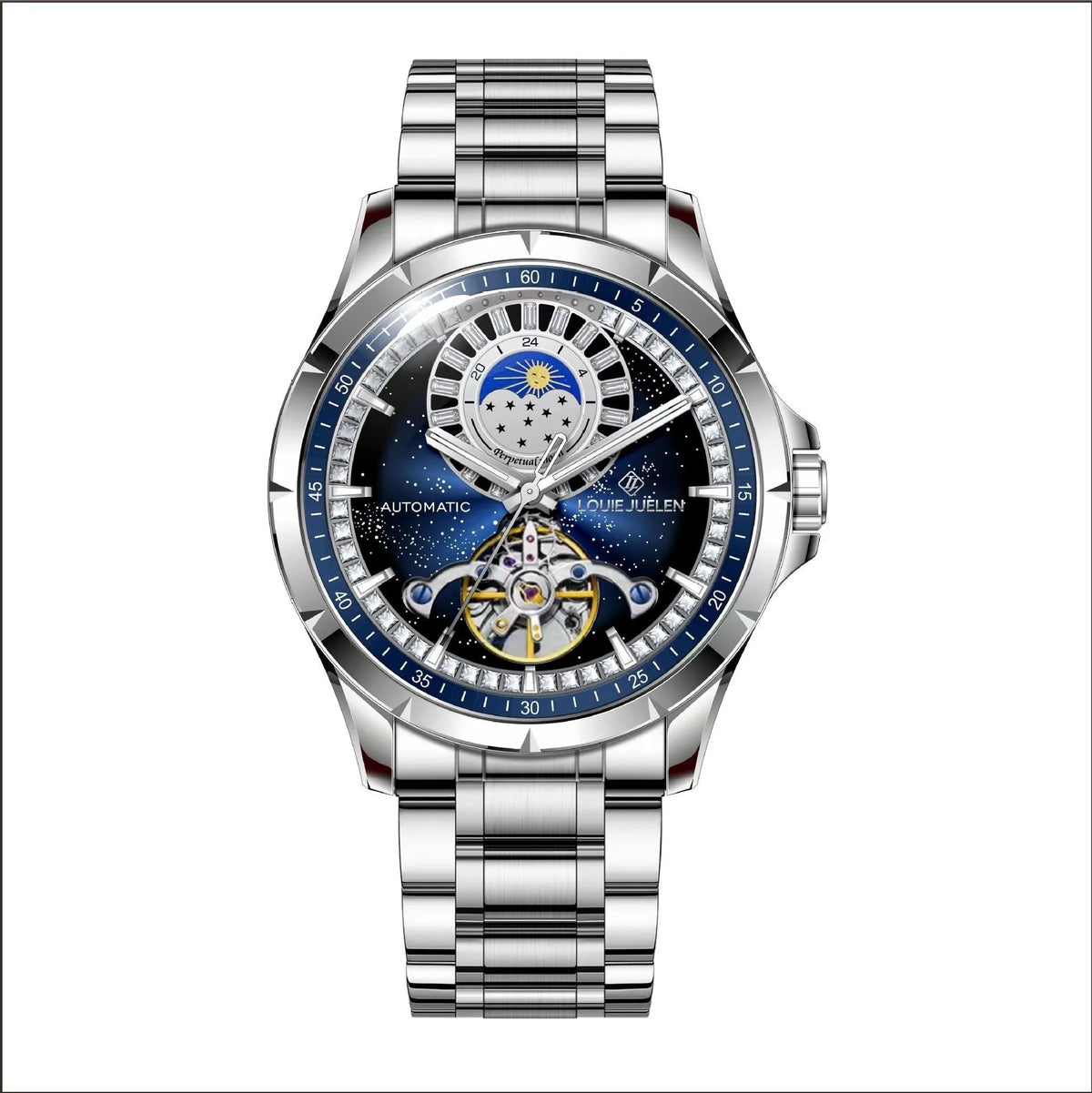 Men's silver alloy case waterproof automatic watch with blue face and stainless steel strap