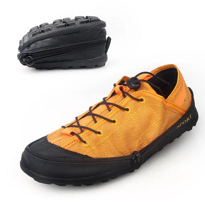 Portable folding outdoor hiking shoes in orange with side zipper closure, shown flat and folded