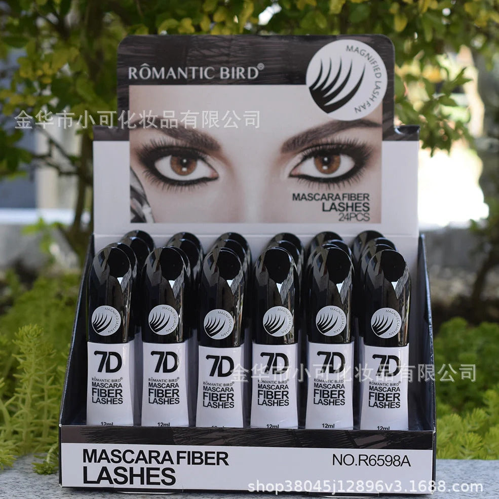 Black 7D mascara tube with brush showing separated lashes in waterproof formula