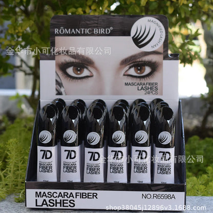 Black 7D mascara tube with brush showing separated lashes in waterproof formula