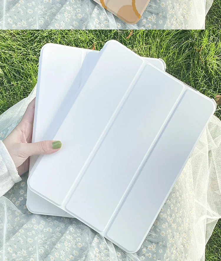 Rabbit Flat Tri-Fold Protective Case for iPad in silicone with cartoon design, showing tri-fold stand and compatibility with multiple models.
