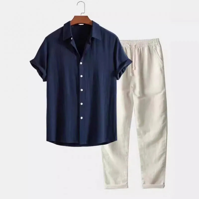 Men's casual loose fit short sleeve shirt and trousers suit in linen-look polyester fabric, available in multiple colours