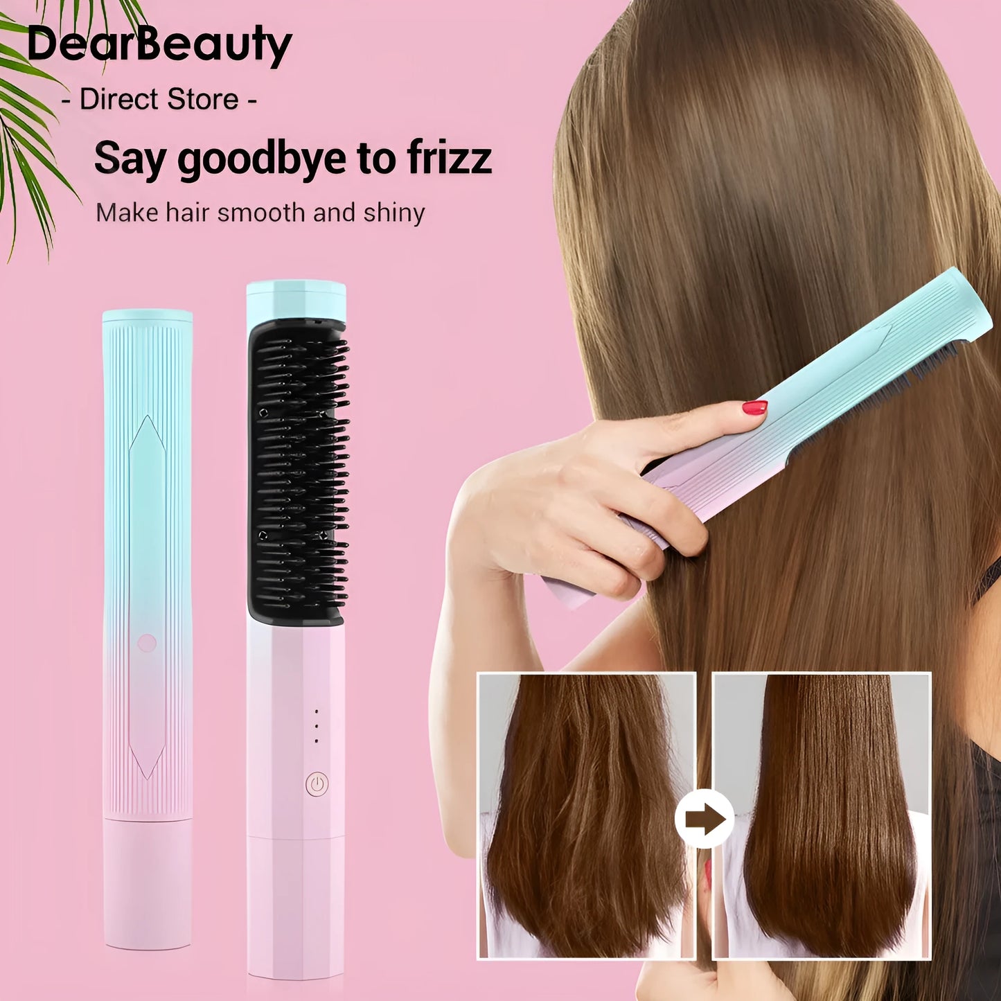 Pink cordless straightening brush with wide nylon teeth and an anti-scald shell on a bathroom counter.