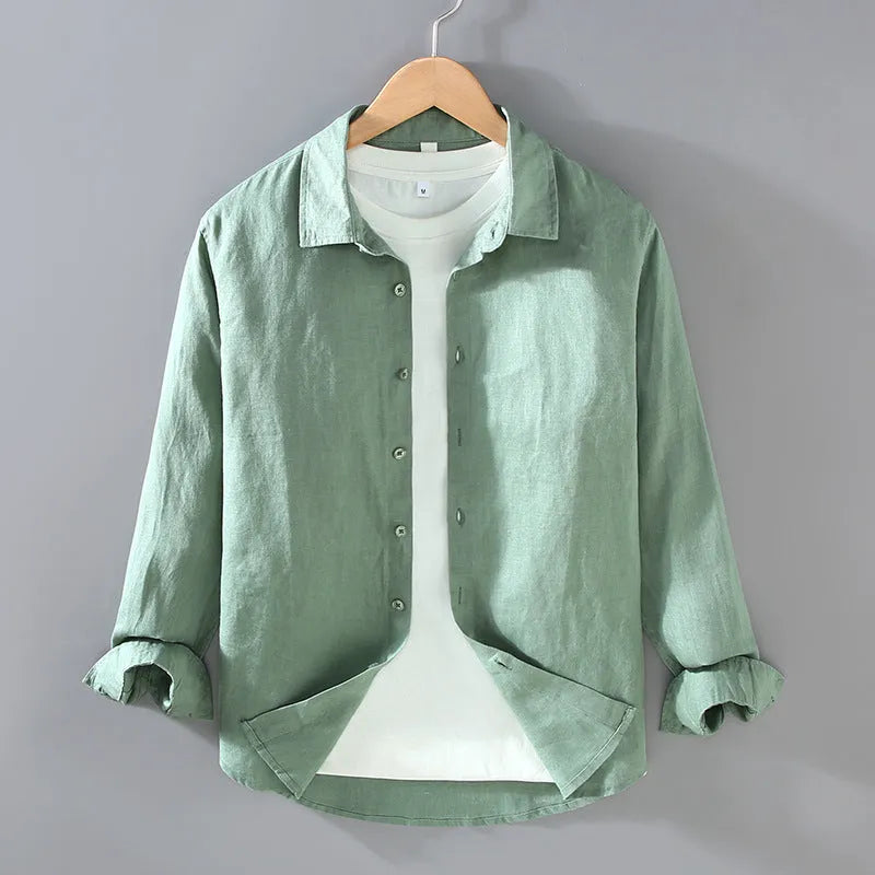 Men's pure linen long sleeve cardigan style shirt in solid colour