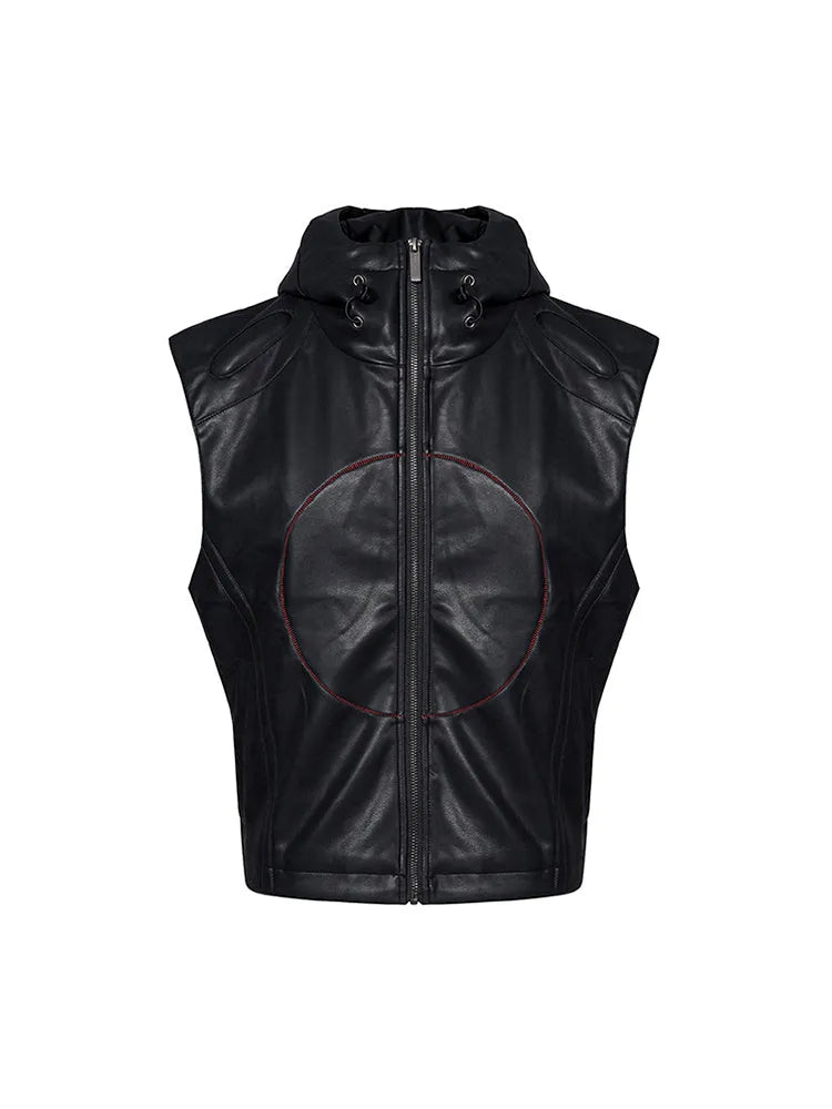 Black men's slim fit hooded leather waistcoat with a five-pointed star on the front.