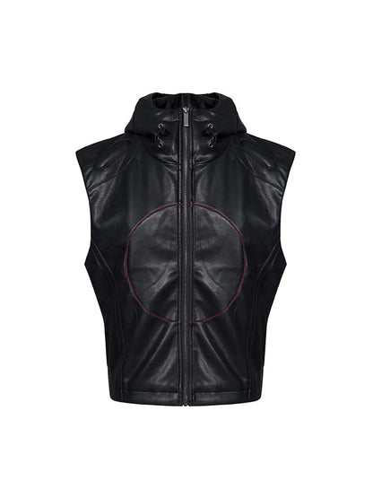Black men's slim fit hooded leather waistcoat with a five-pointed star on the front.