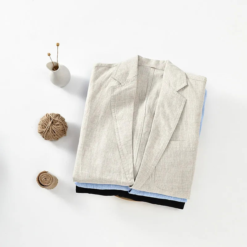 Men's lightweight linen blazer coat in solid colour on hanger showing simple design and size stick pocket