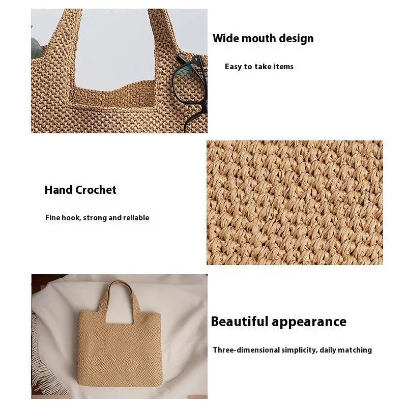 Woven straw tote bag in horizontal square shape with double shoulder straps measuring 40x36x12cm