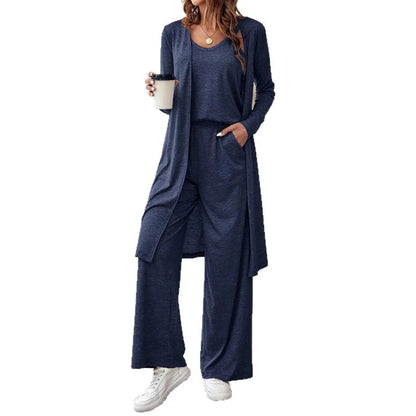 Solid blue three-piece suit with trousers, top, and suspenders in Japanese and Korean casual style