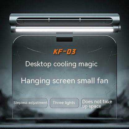Black USB bladeless fan clipped to laptop screen showing 32.5cm width and eye-protection lamp