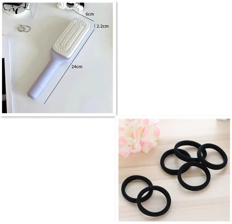 Purple and grey self-cleaning hair brush with rotating handle for easy debris removal