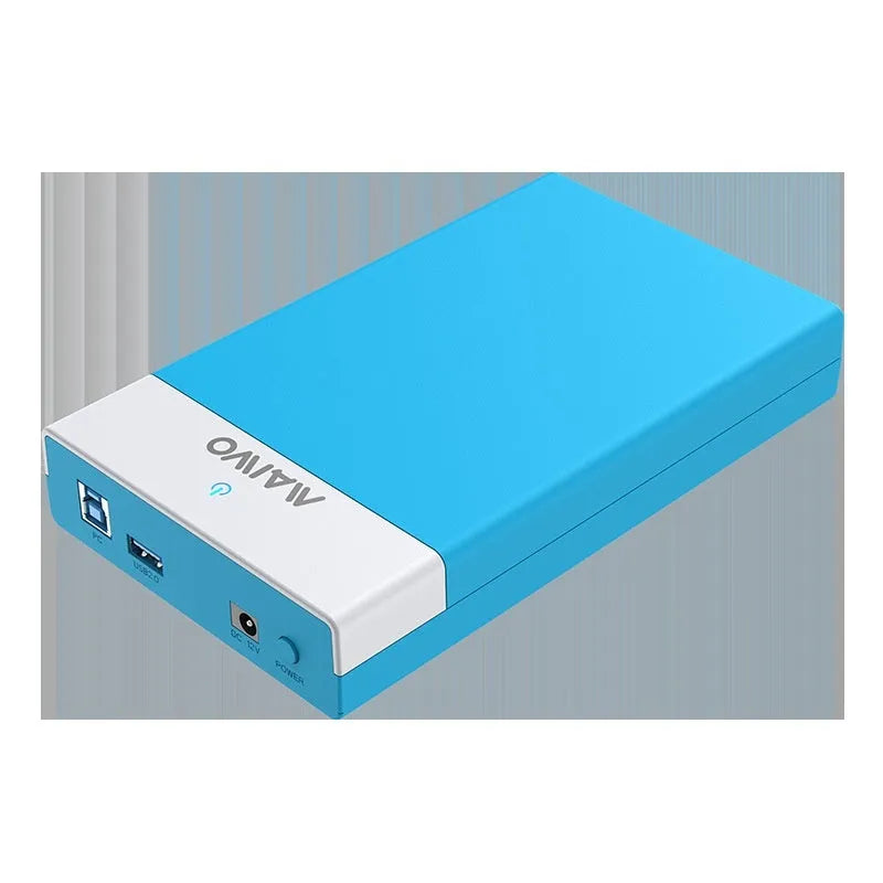 Black USB 3.0 SATA hard disk enclosure for 3.5-inch drives with slide cover open, showing connectors, alongside power supply and cable.