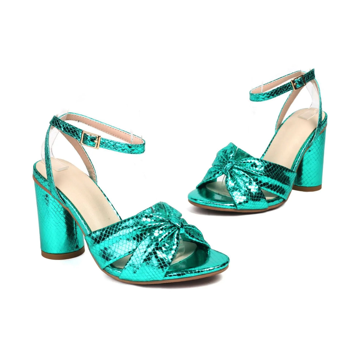 Gold plus size high heel peep toe sandal with an ankle strap buckle on a white background