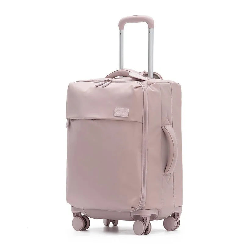 Ultra-light waterproof Oxford cloth suitcase in bluestone green with universal wheels showing 20-inch size dimensions
