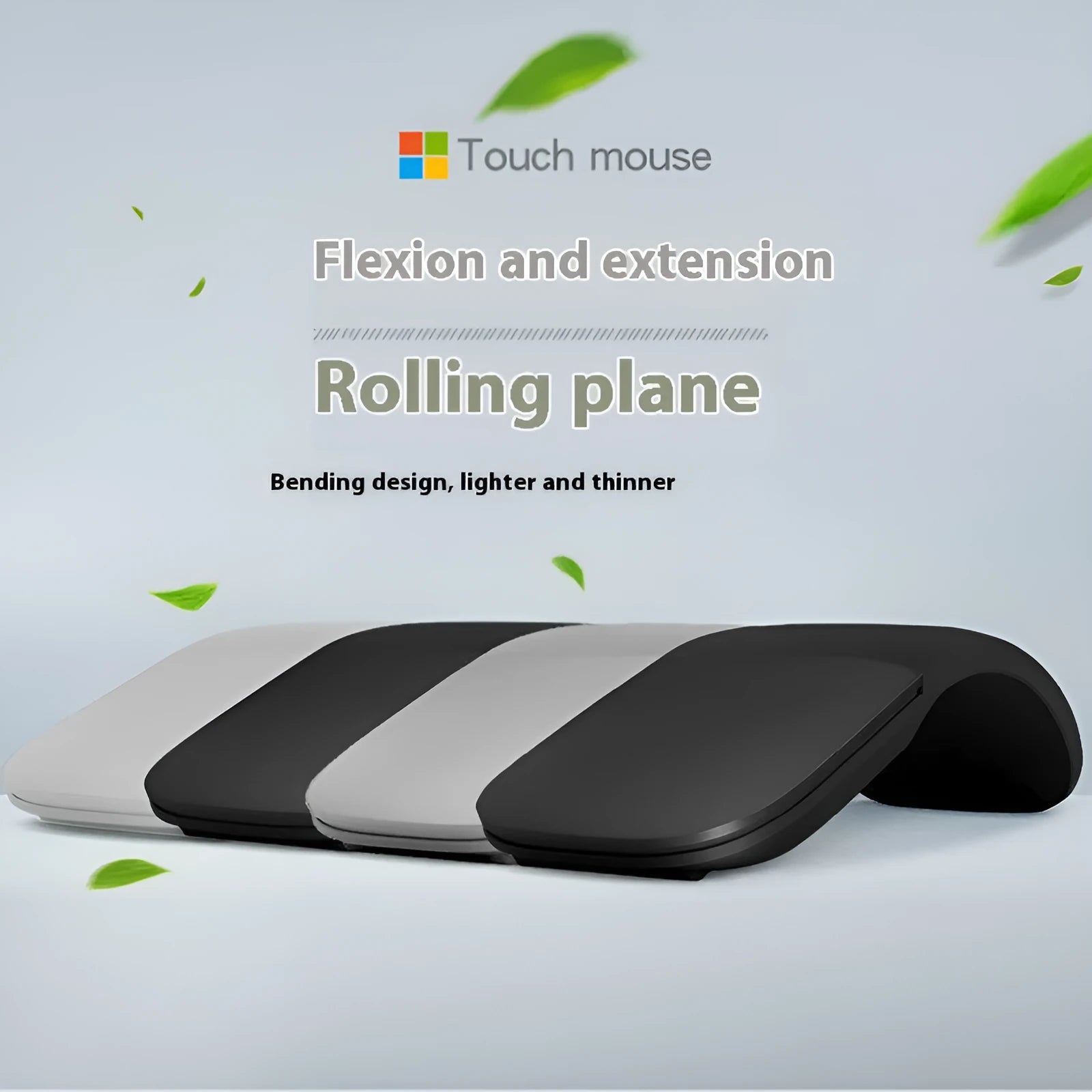 Folding wireless touch mouse showing compact design with Bluetooth connectivity