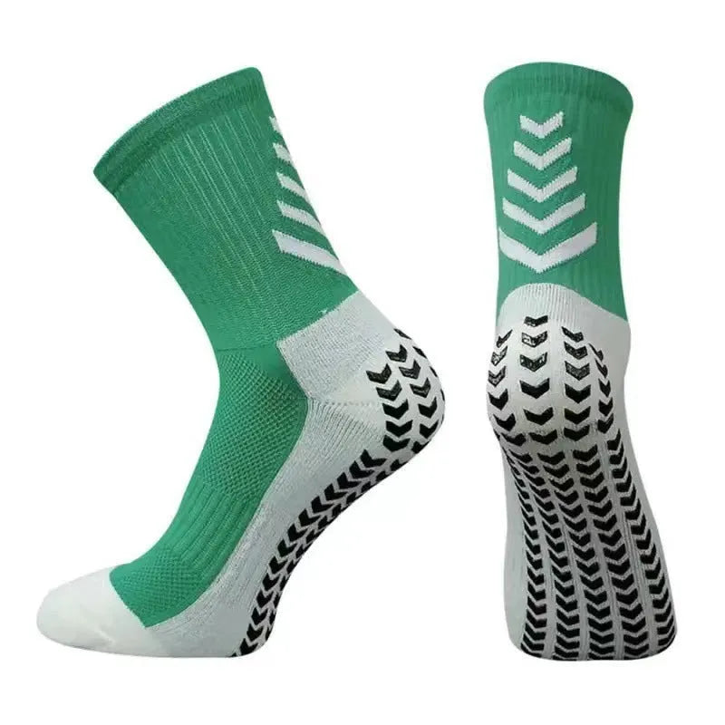 Men's mid-calf athletic football socks with geometric patterns and silicone grip sole