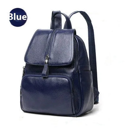 Blue genuine leather women's backpack with external sandwich pocket and internal organiser compartments