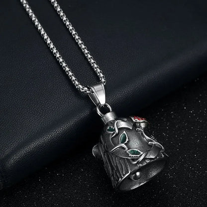 Polished titanium steel motorcycle bell with a double-sided epoxy rose design on a geometric shape.