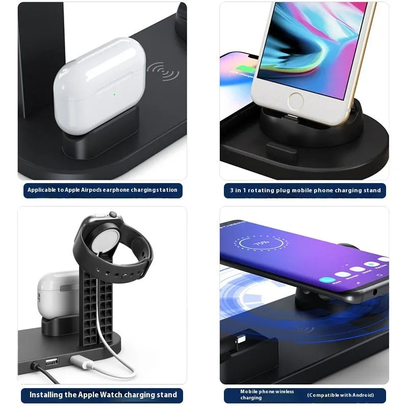 Black universal mobile phone and smartwatch charging stand with wireless pad on desk