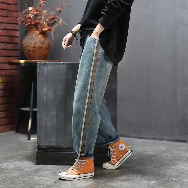 Navy blue cotton patchwork jeans with side stripes, Japan and Korea leisure style