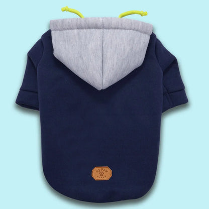 Simple dark red polyester dog hoodie with contrast colour detail, shown on a medium-sized dog.