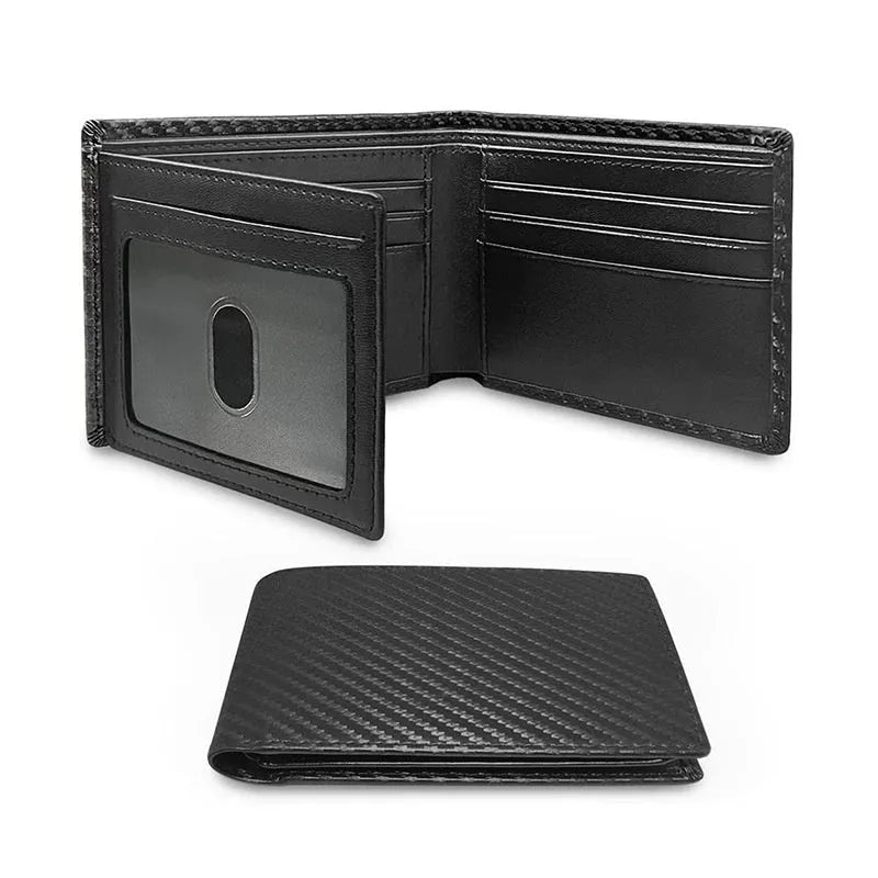 Men's Carbon Fiber Anti-magnetic Wallet with PU Leather and Microfiber Lining, Black, Solid Colour, Anti-theft Swiping, Daily Matching, Cross-border Fashion, Sewing Line Detail
