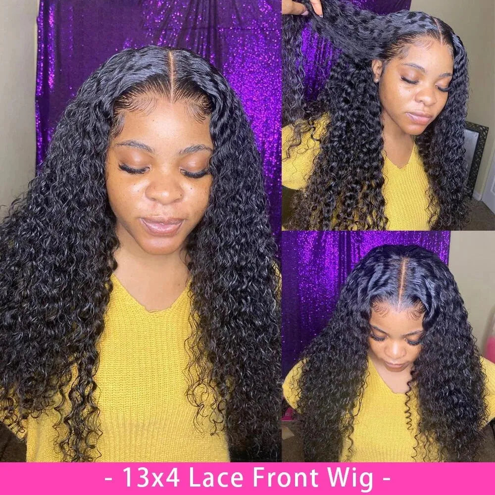 Curly human hair lace front wig on a stand, showing natural texture and length.
