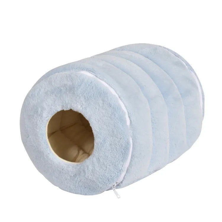 Camel-coloured cloth pet nest with soft rabbit fur lining, measuring 50x33 cm.