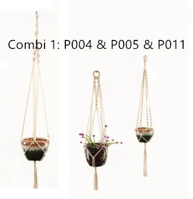 Handwoven natural cotton rope plant hanger cradling a green potted succulent on a wooden table.