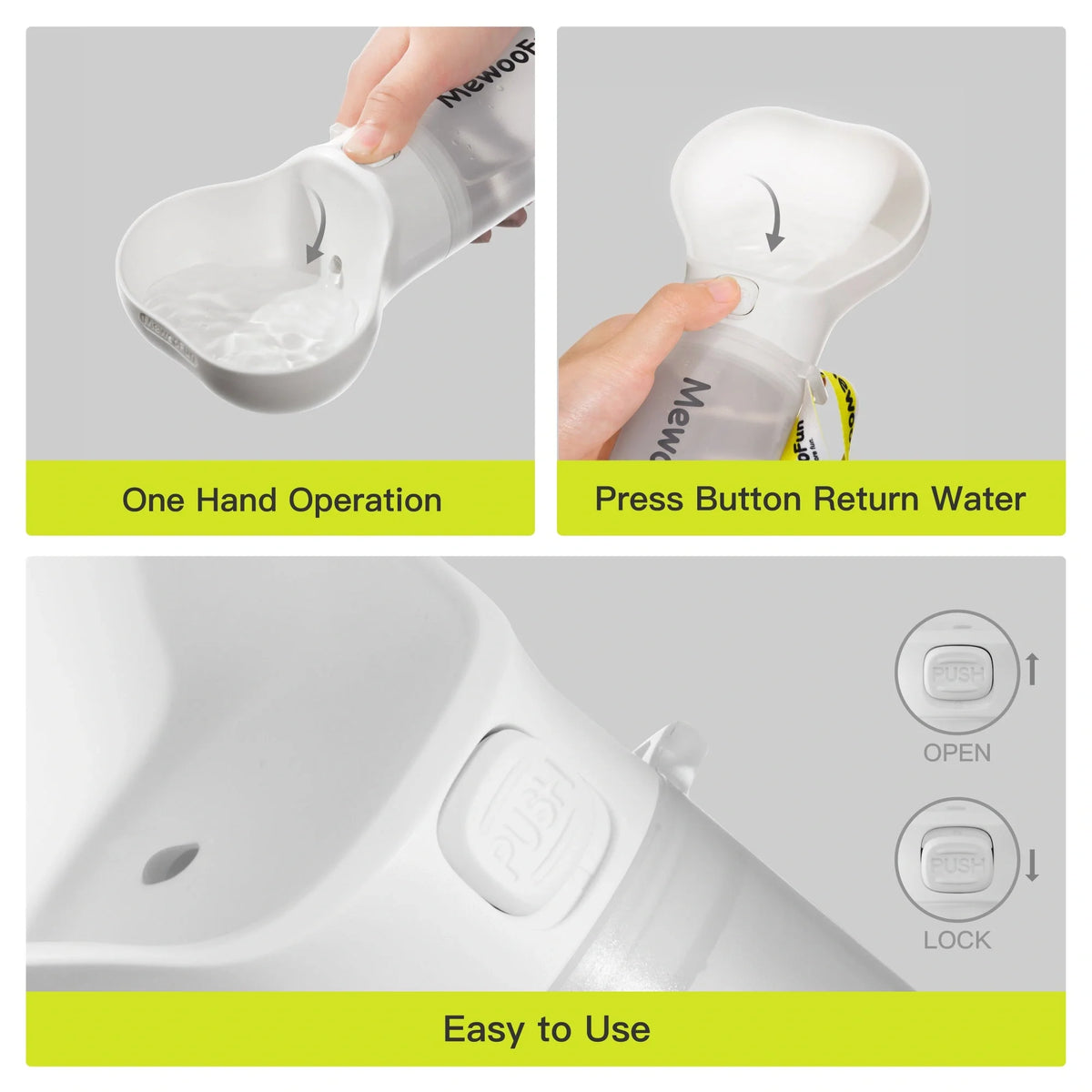 Mewoofun 2-in-1 pet water bottle and feeder bowl in white, green, yellow, and pink