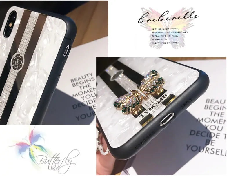 Decorative acrylic iPhone case featuring a diamond butterfly design with a mirror, shown in rose colour.