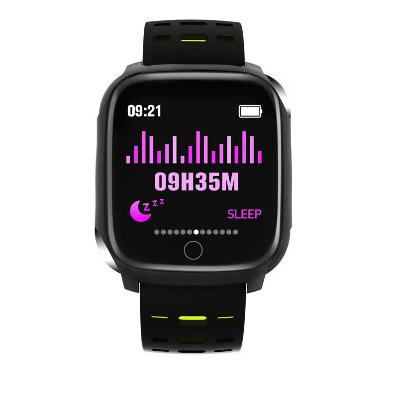 F16 smart watch with ECG and blood pressure monitor on a silicone wristband, showing the 43mm IPS screen.