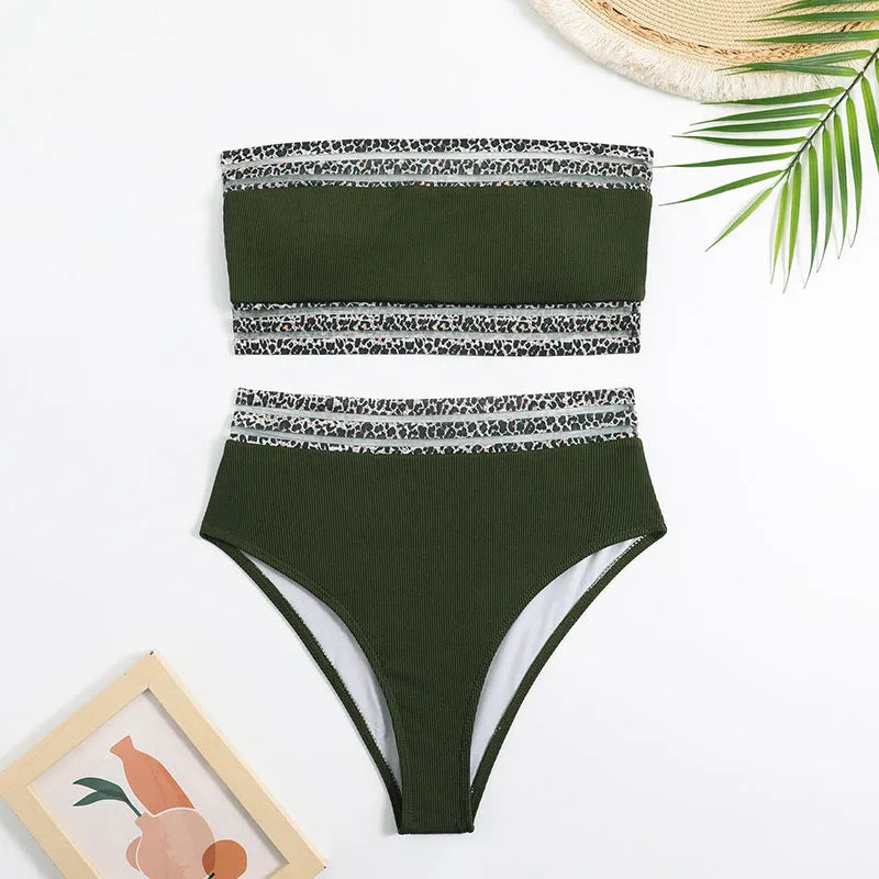 Black strapless bikini with leopard pattern splicing, showing bra and shorts set.