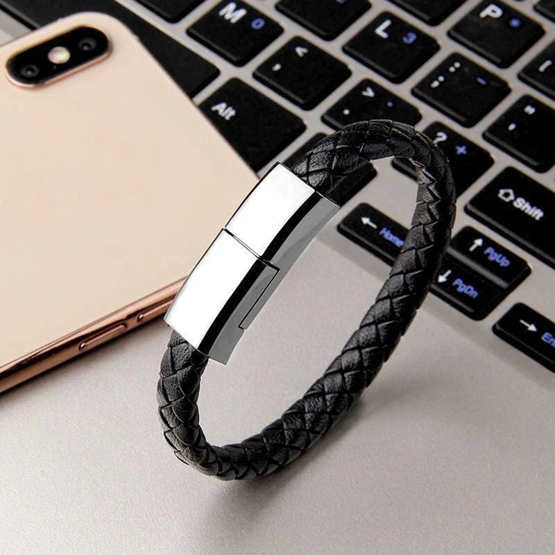 Stylish leather bracelet with built-in charging cable for smartphones and USB-C devices