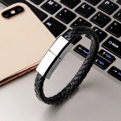 Stylish leather bracelet with built-in charging cable for smartphones and USB-C devices