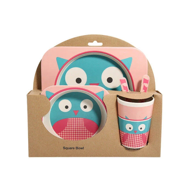 Stylish bamboo fibre children's tableware set with playful animal designs