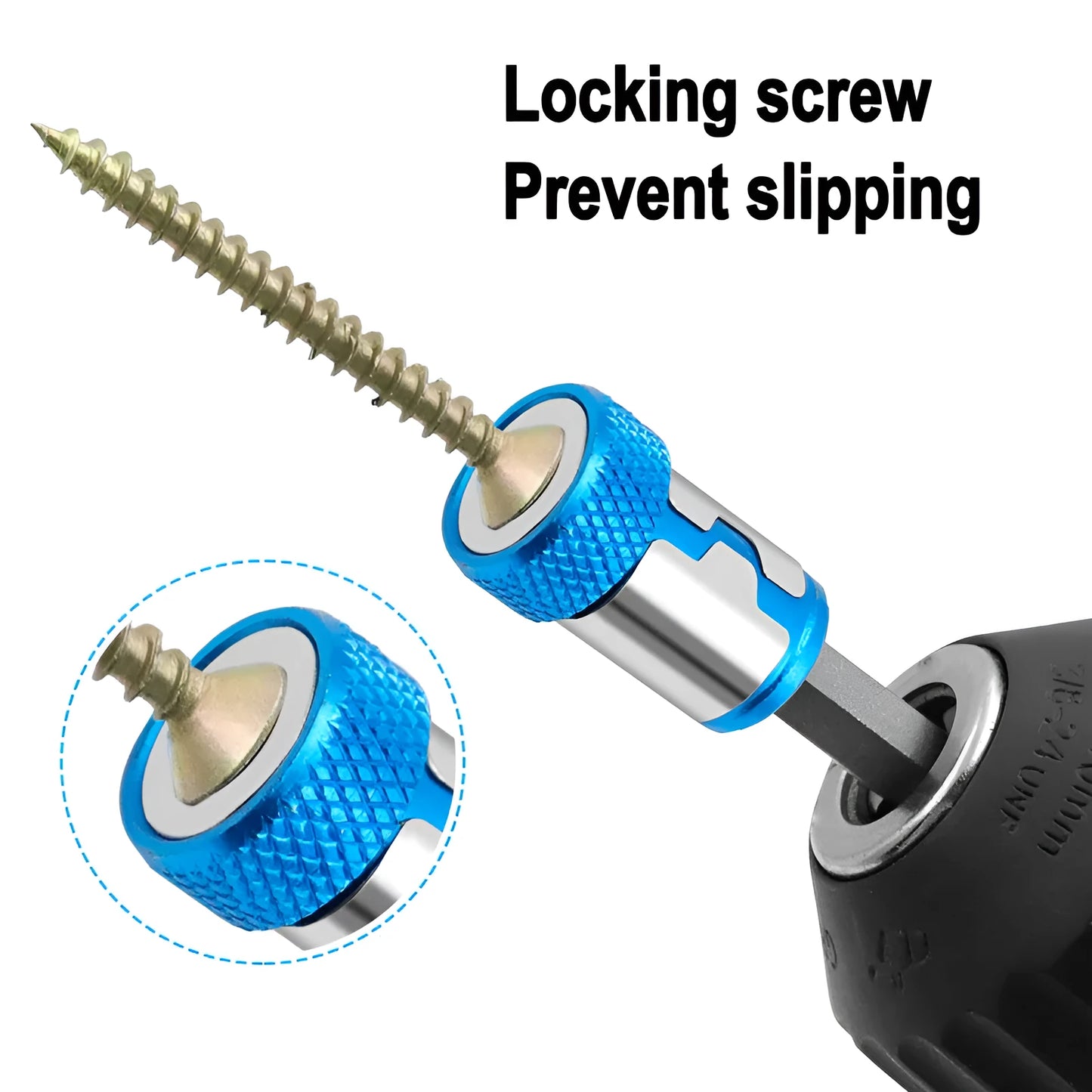 Light blue magnetic screwdriver bit with slotted head and magnetic ring for metric screws