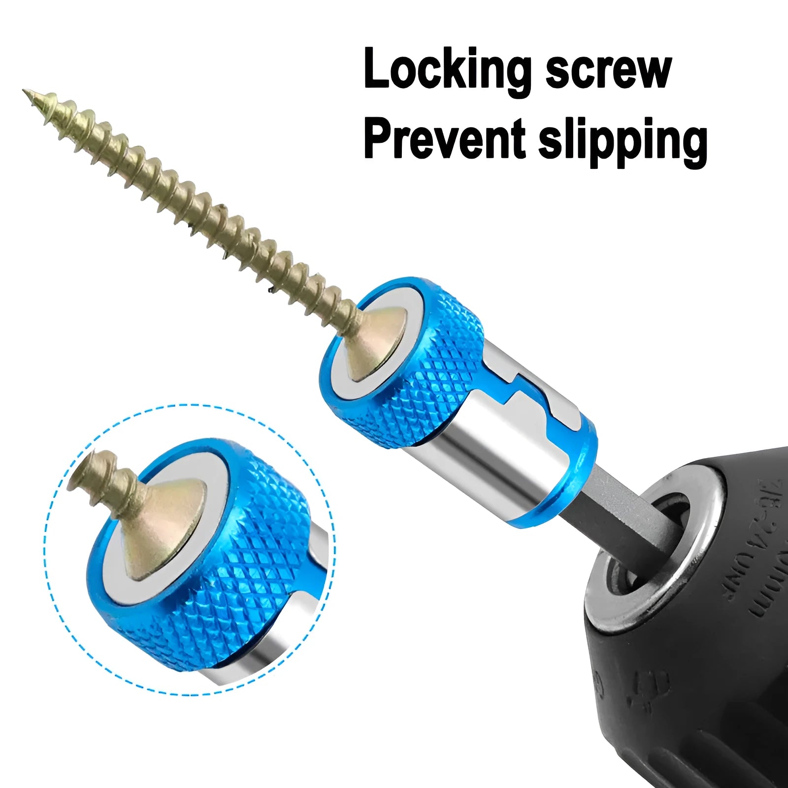 Light blue magnetic screwdriver bit with slotted head and magnetic ring for metric screws