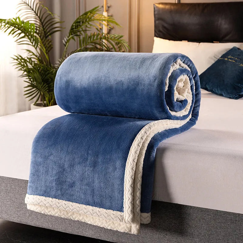 Double fleece blanket, thick coral fleece blanket made from polyester, available in eight colours including sky blue and rose red, with modern simple styling and sizes from 100x130 cm to 150x200 cm for home warmth and moisture wicking.